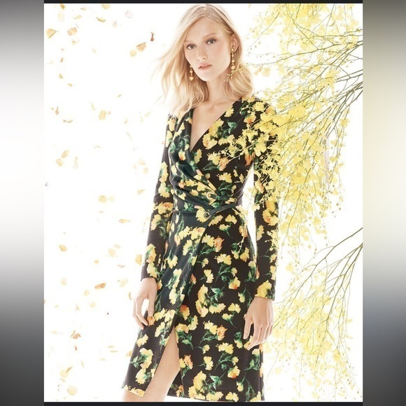 Escada Black & Yellow Floral Long Sleeve Faux Wrap Dress Size 36